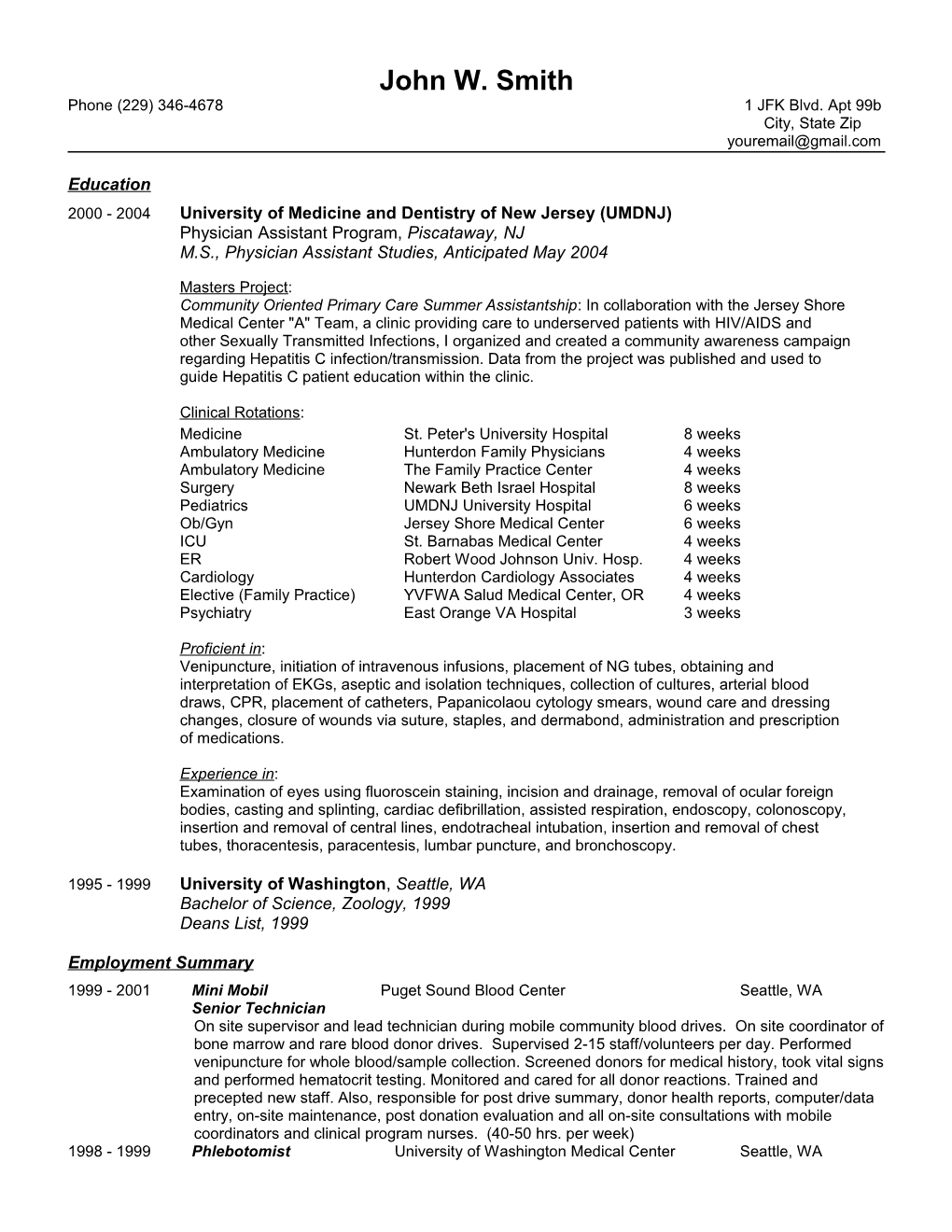 Physician Assistant New Graduate Resume