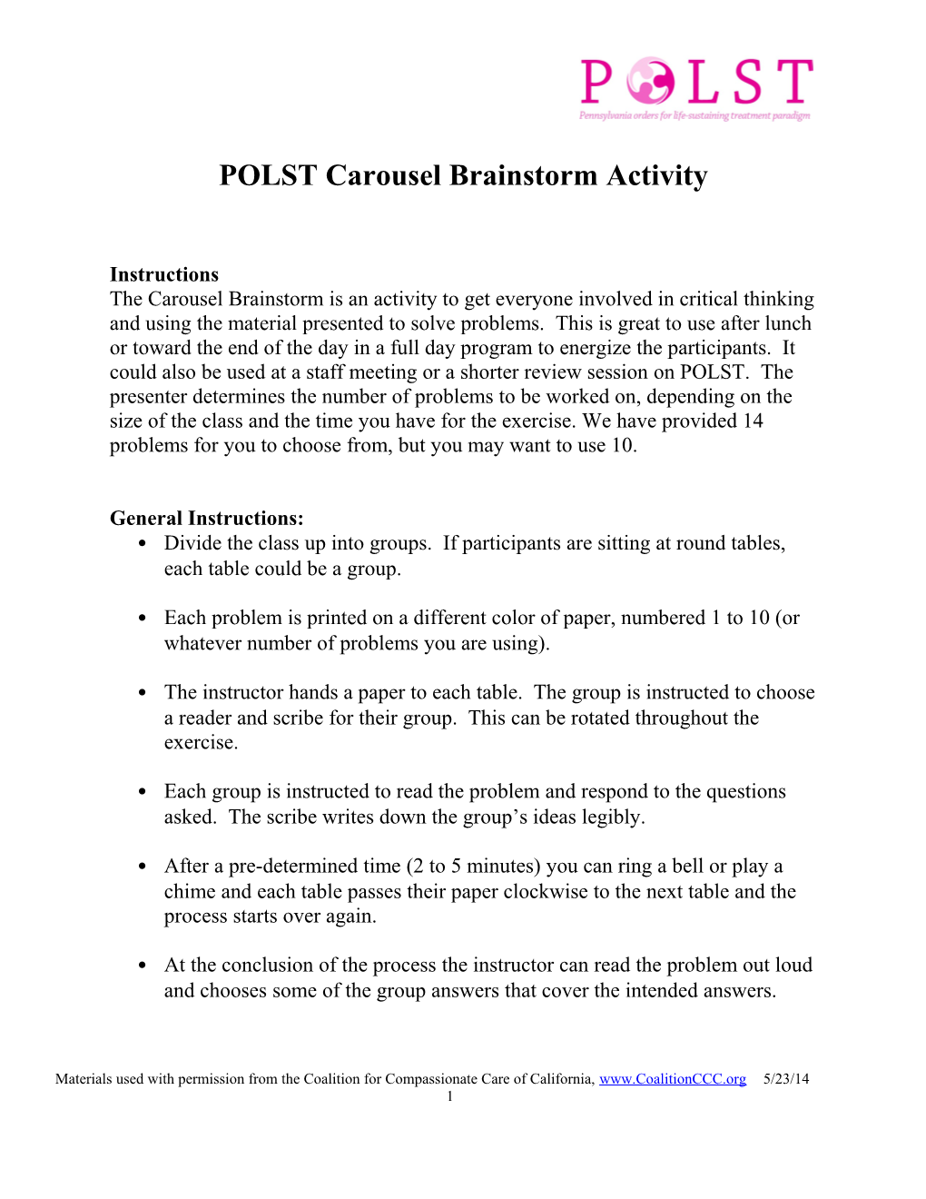 POLST Carousel Brainstorm Activity