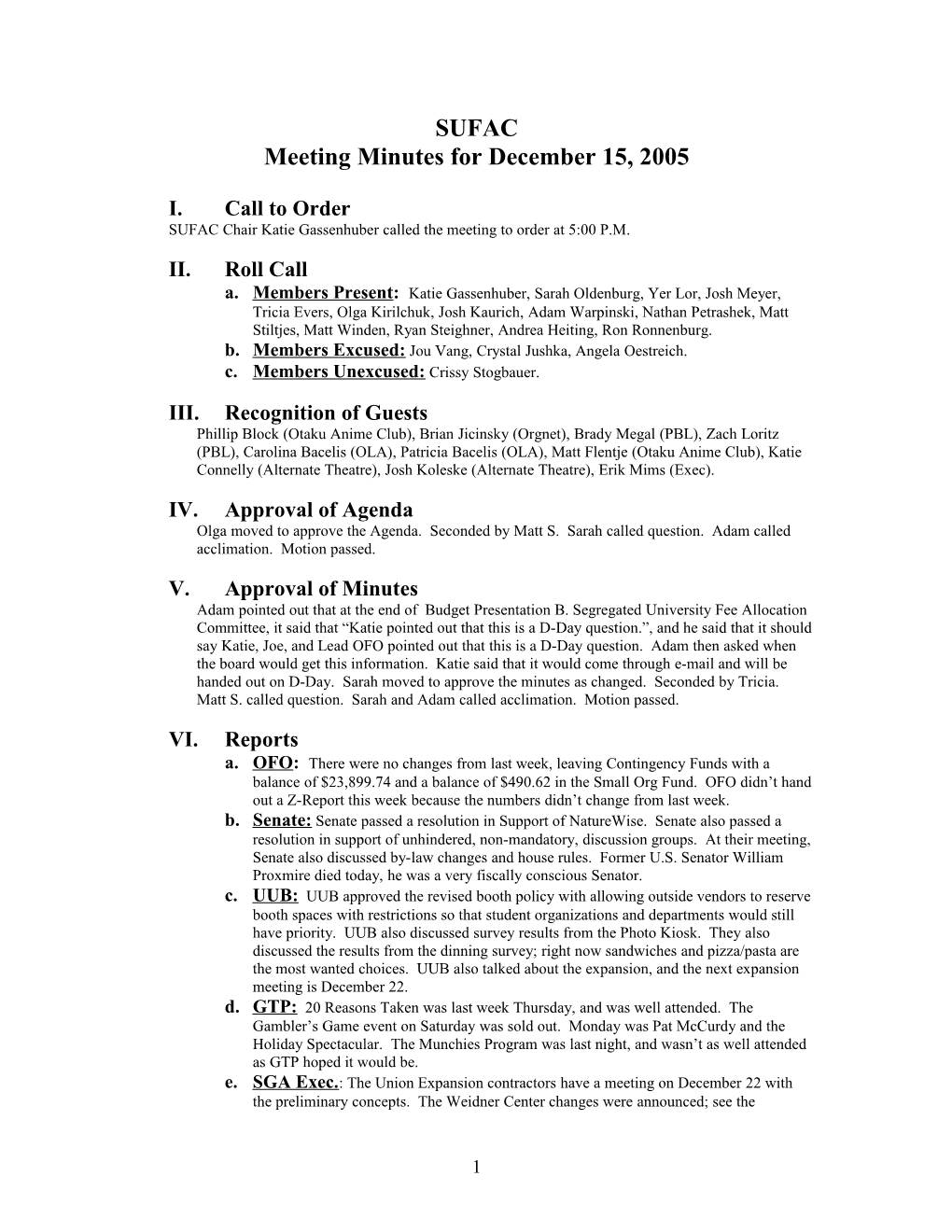 Meeting Minutes for December 15, 2005