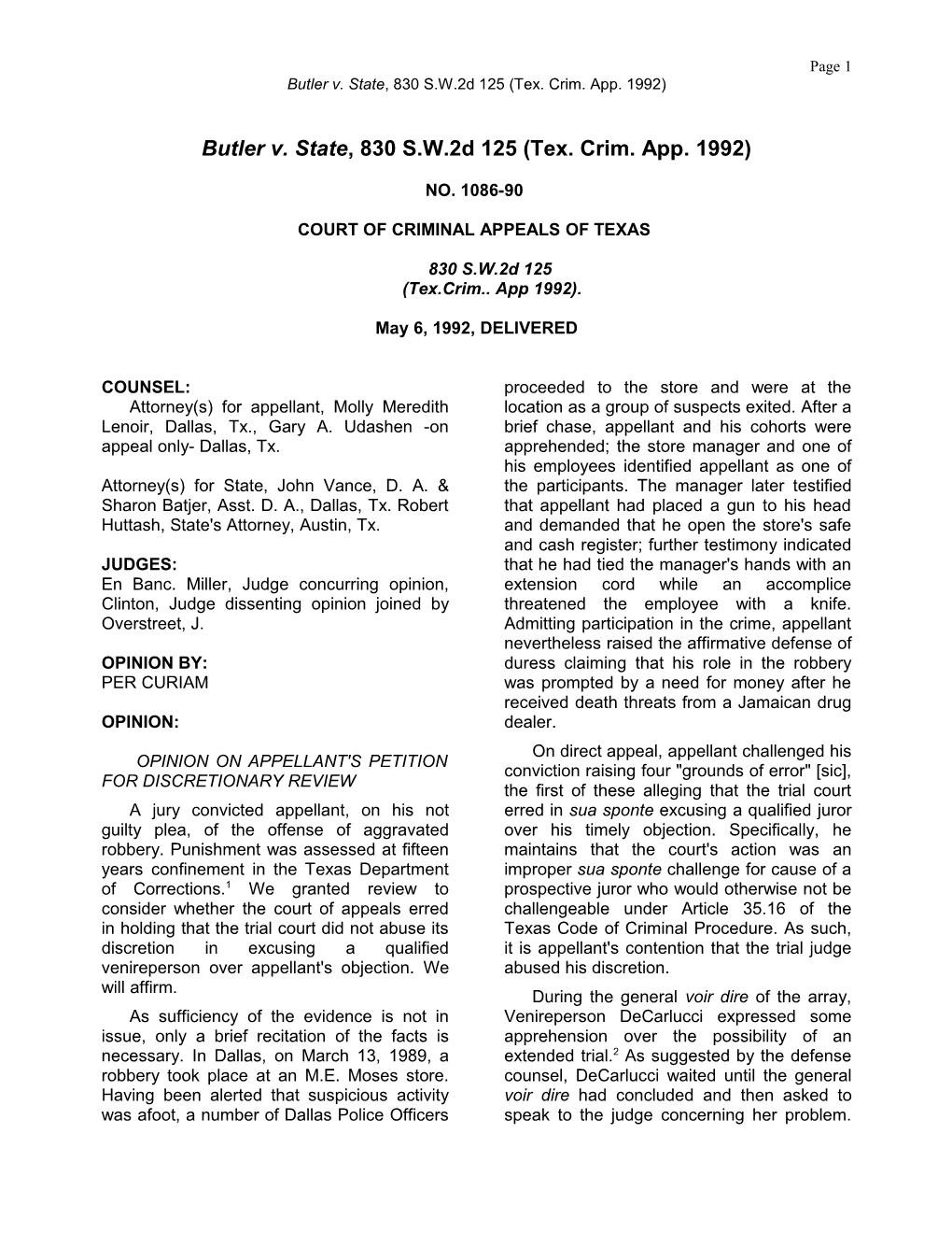 Butler V. State, 830 S.W.2D 125 (Tex. Crim. App. 1992)
