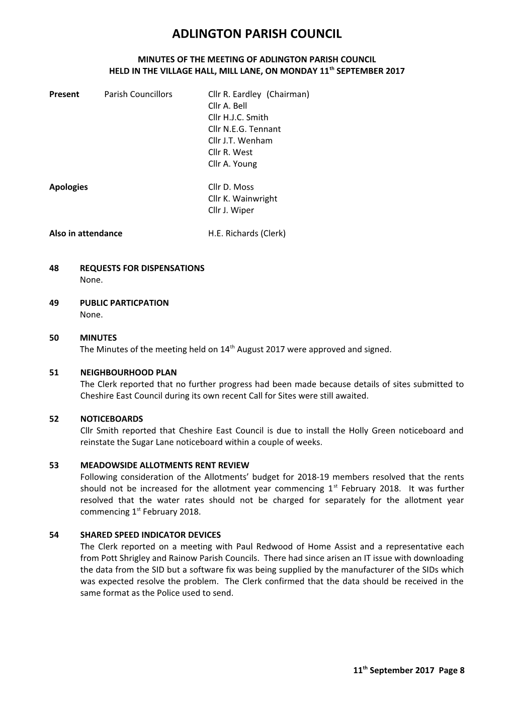 Minutes of the Meeting of Adlington Parish Council