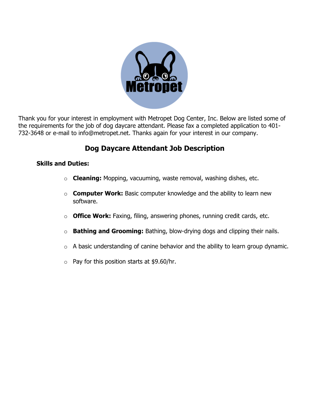 Dog Daycare Attendant Job Description