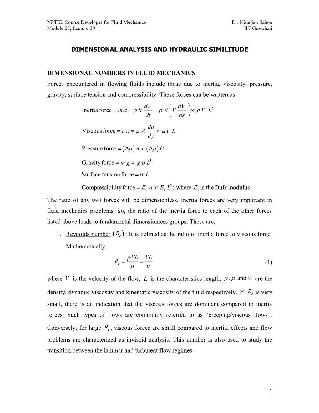 Dimensional Analysis and Hydraulic Similitude