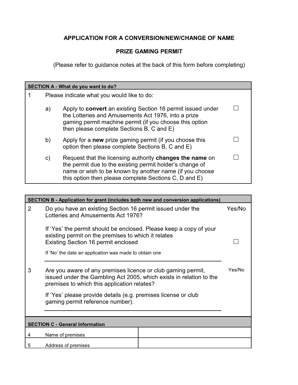 Prize Gaming Permit