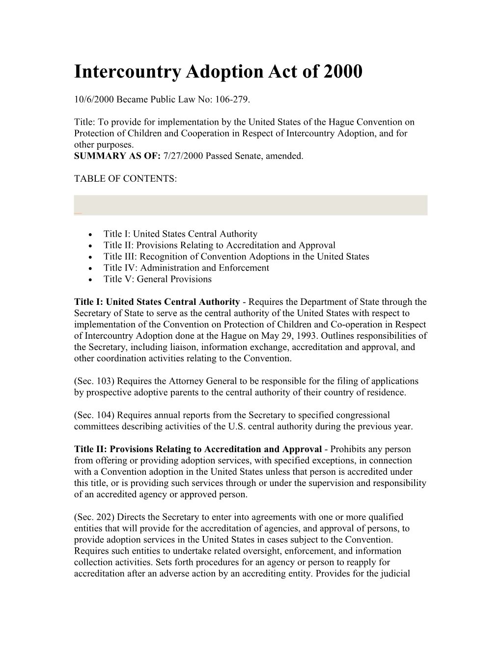 Intercountry Adoption Act of 2000