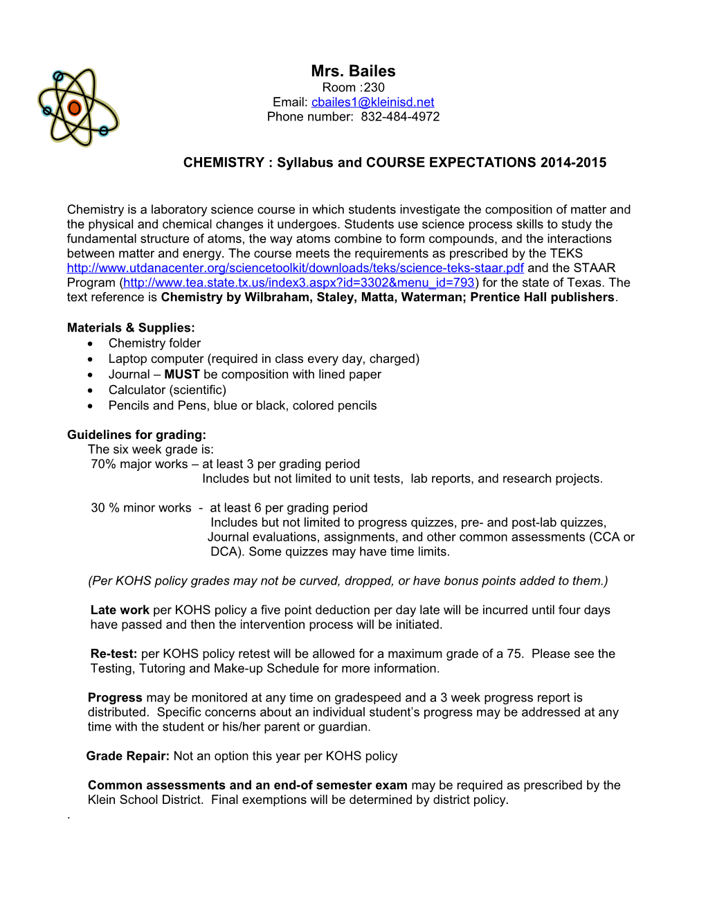 Chemistry : Course Expectations 2011-2012