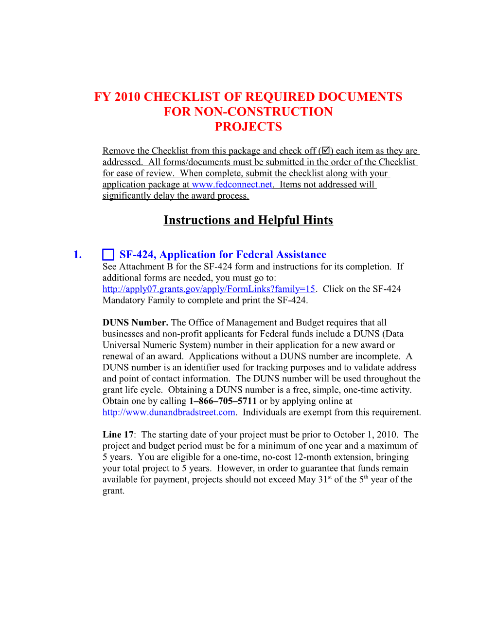 Fy 2010 Checklist of Required Documents