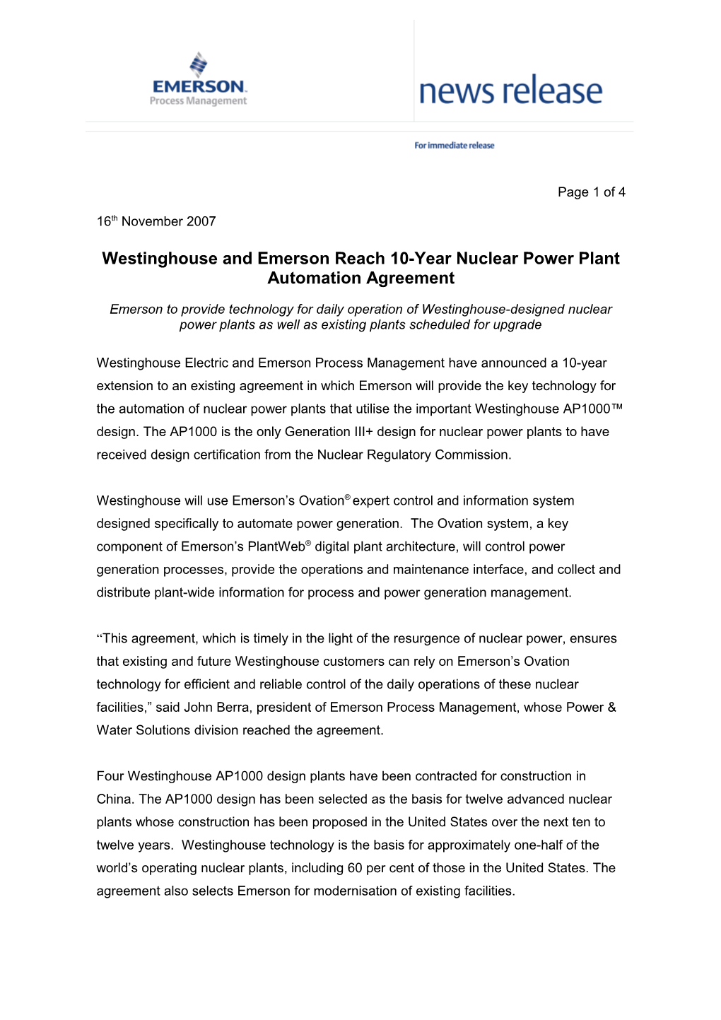 Westinghouse and Emerson Reach 10-Year Nuclear Power Plant Automation Agreement