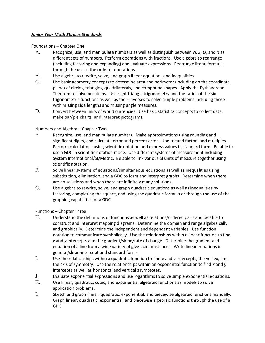 Junior Year Math Studies Standards