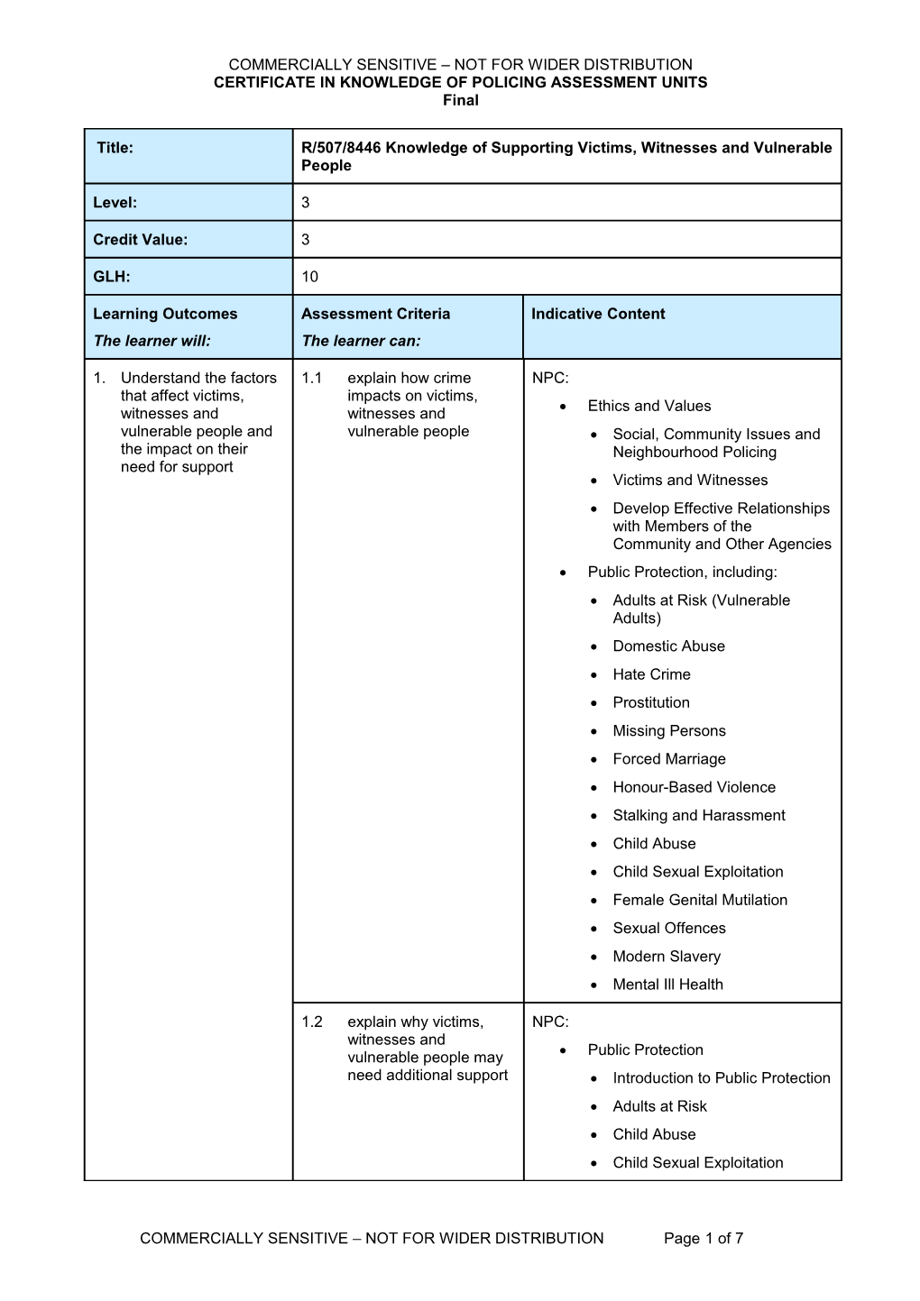 Certificate in Knowledge of Policing Assessment Units