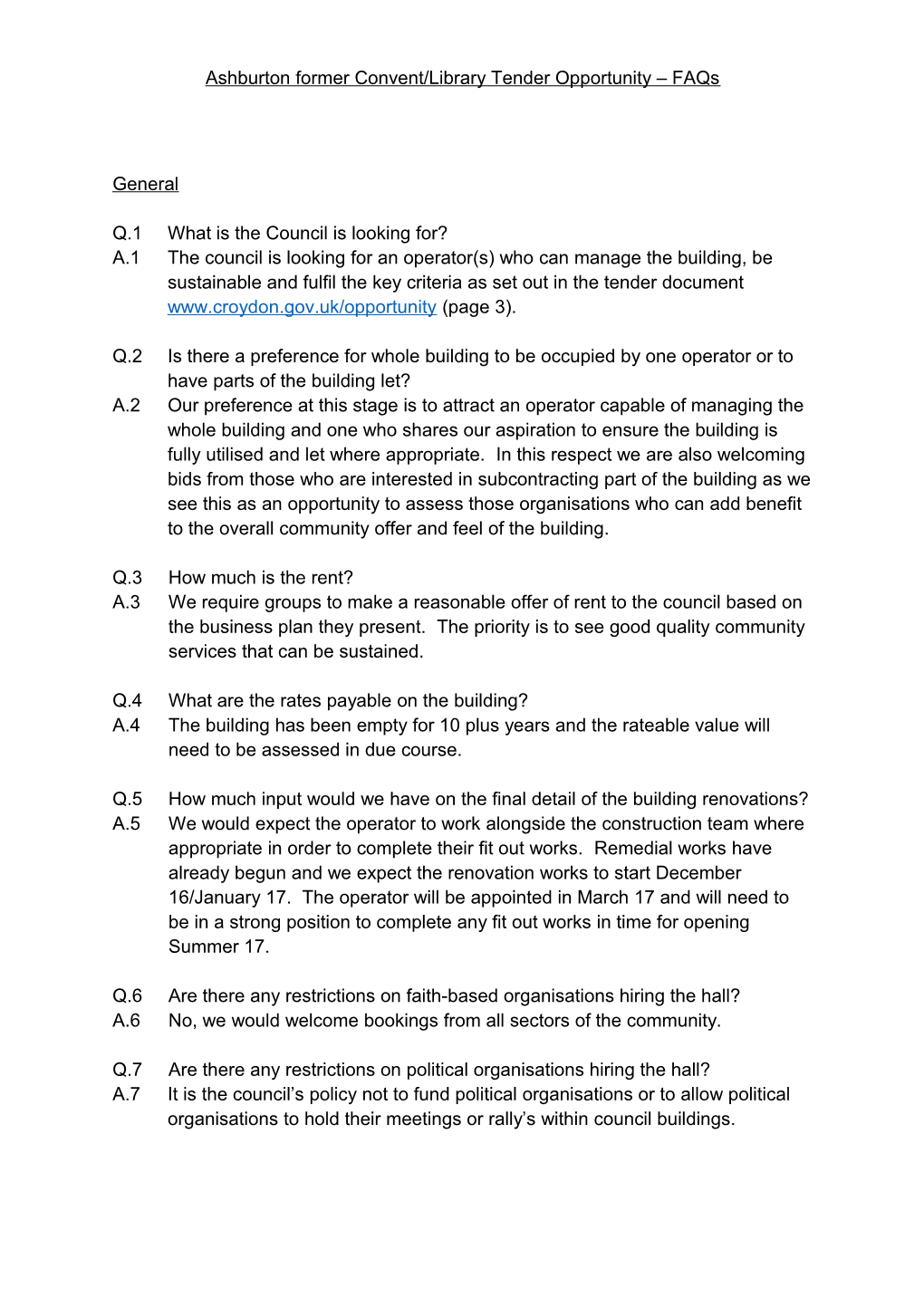 Ashburton Former Convent/Library Tender Opportunity Faqs