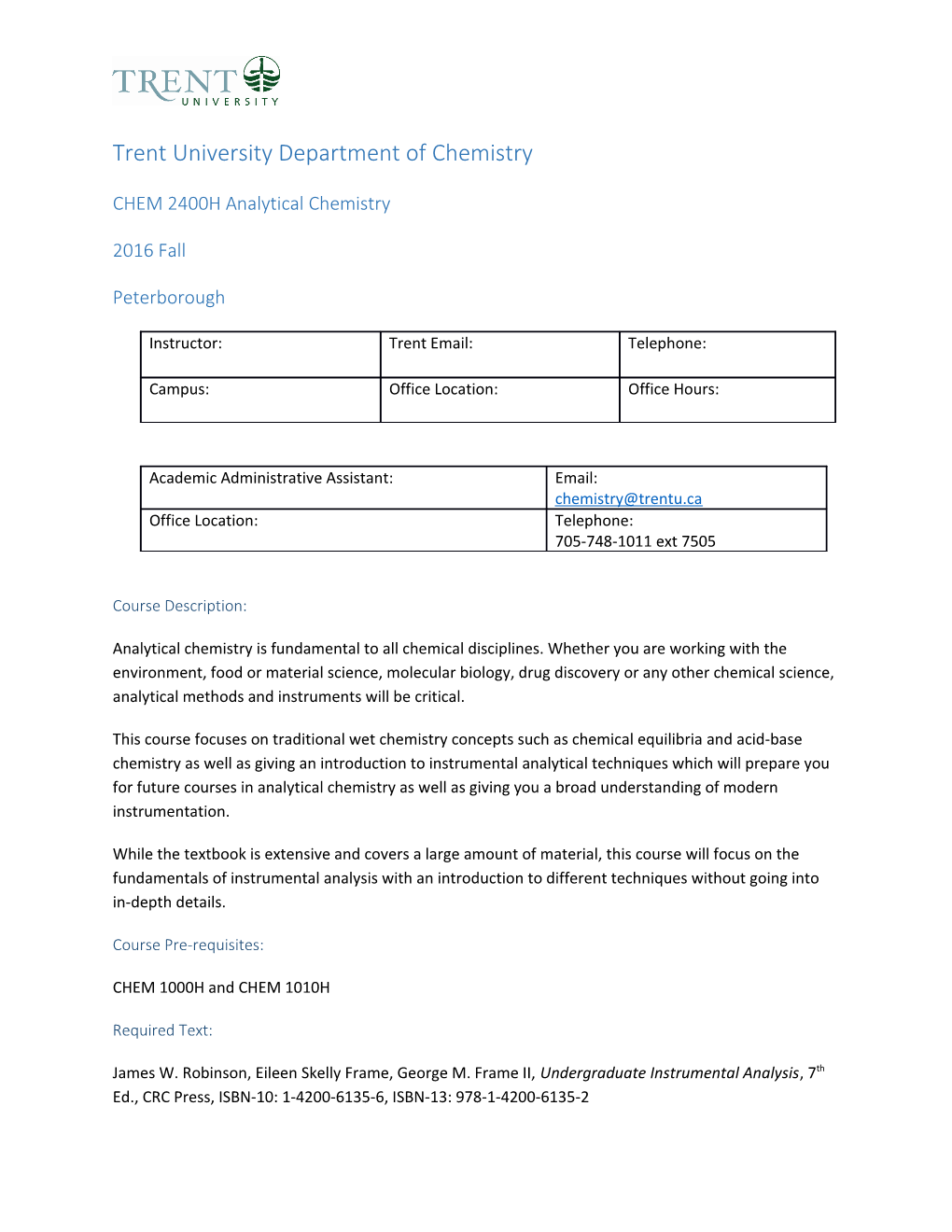 CHEM 2400H Sample Course Outline