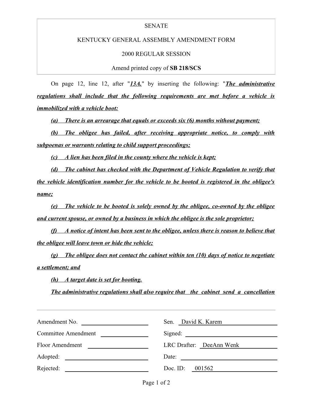 Kentucky General Assembly Amendment Form s3