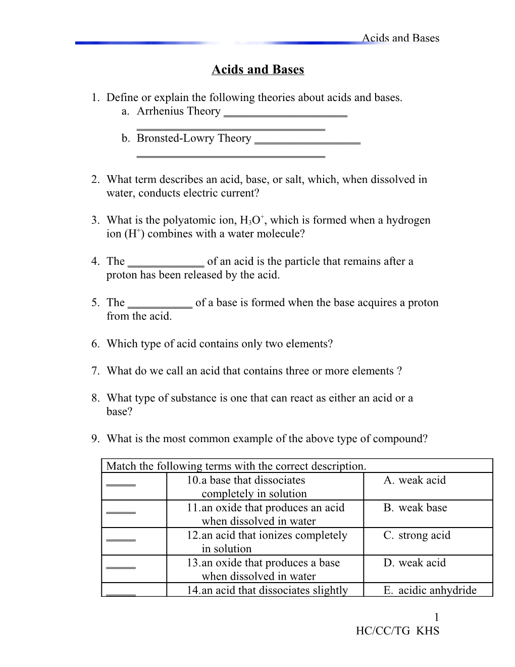 1. Define Or Explain the Following Theories About Acids and Bases