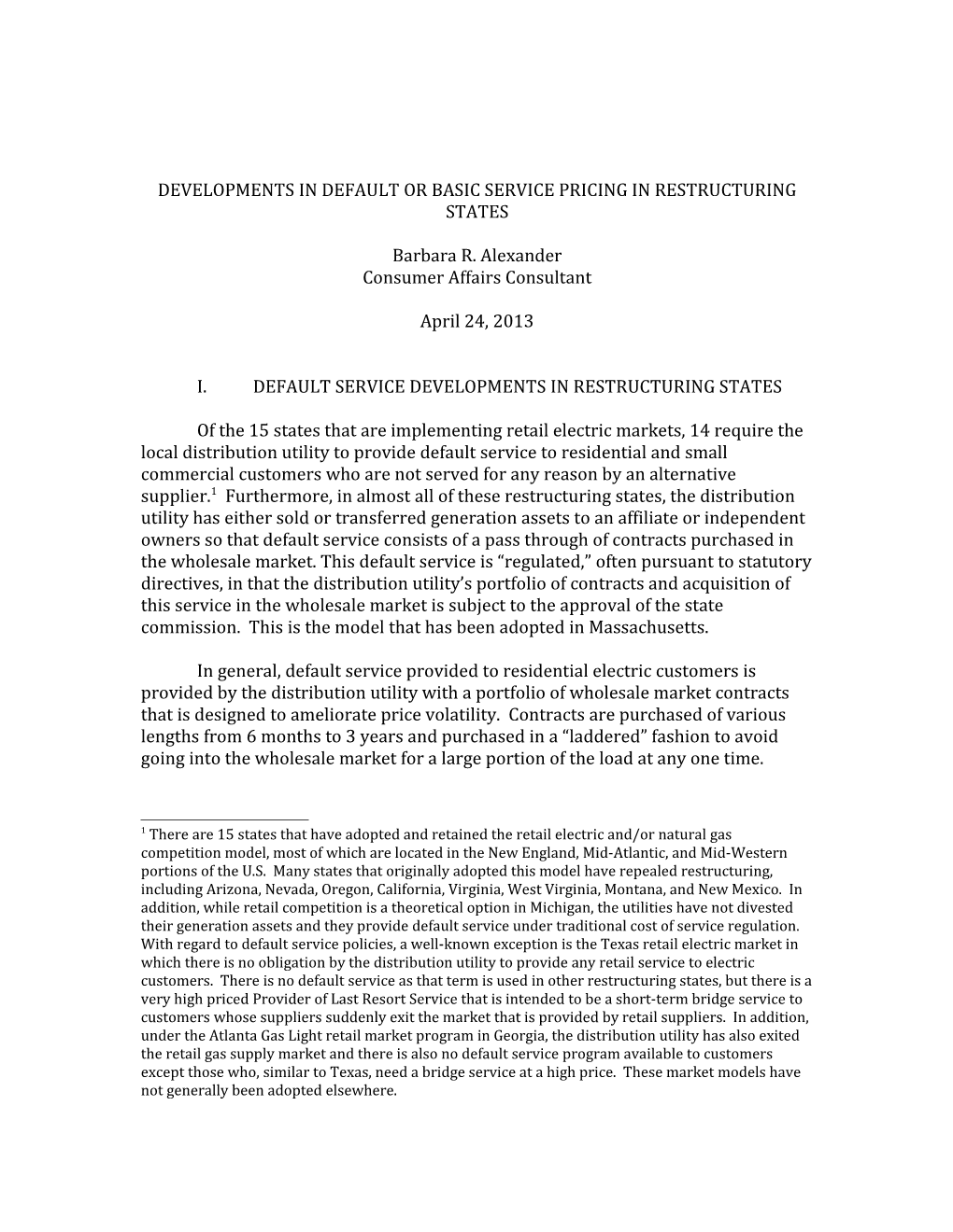 Developments in Default Or Basic Service Pricing in Restructuring States