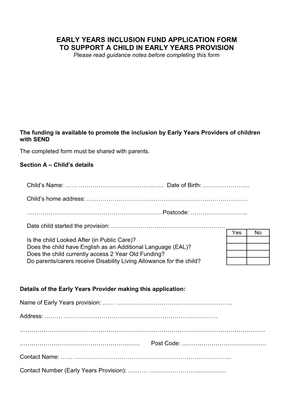 Early Years Inclusion Fund Application Form