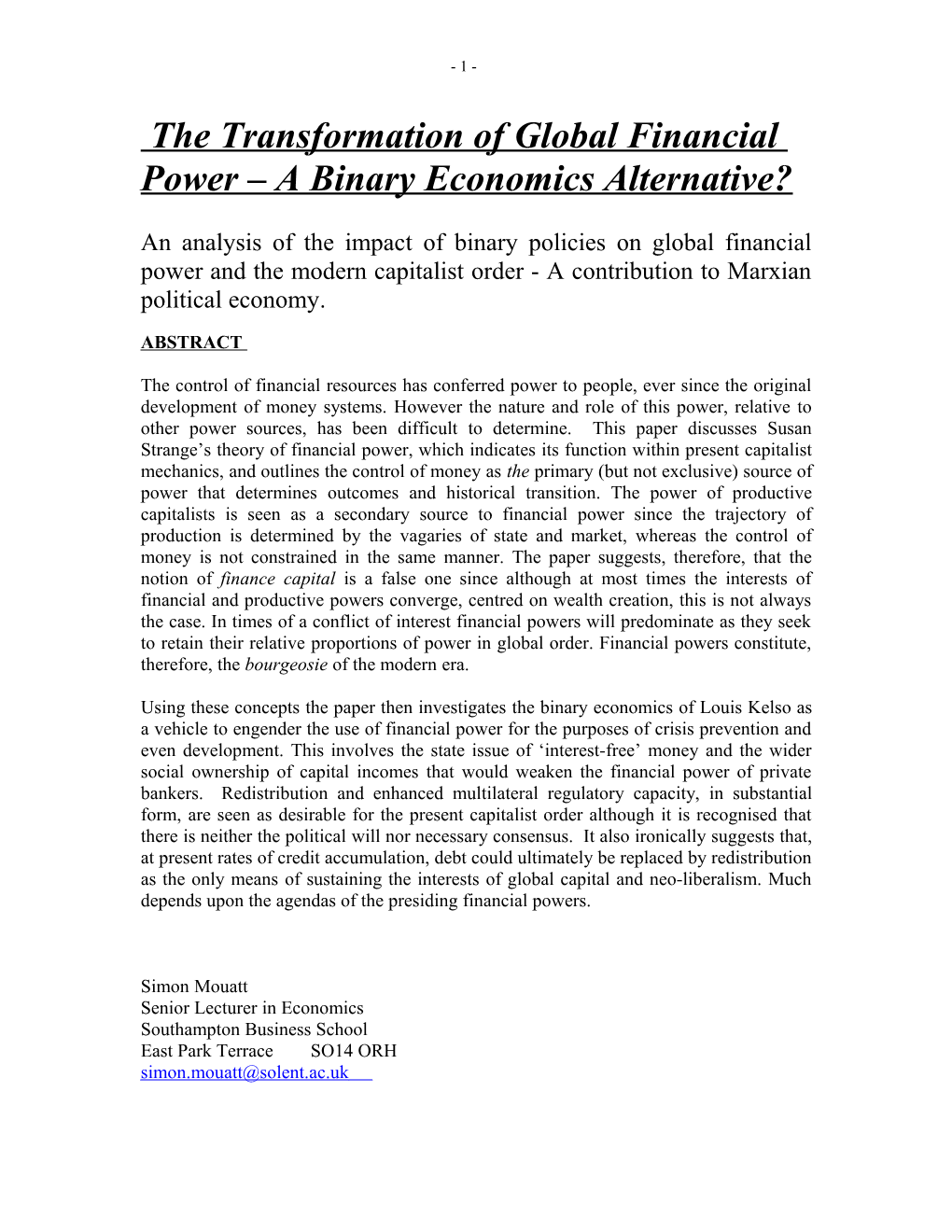 The Transformation of Global Financial Power a Binary Economics Alternative?