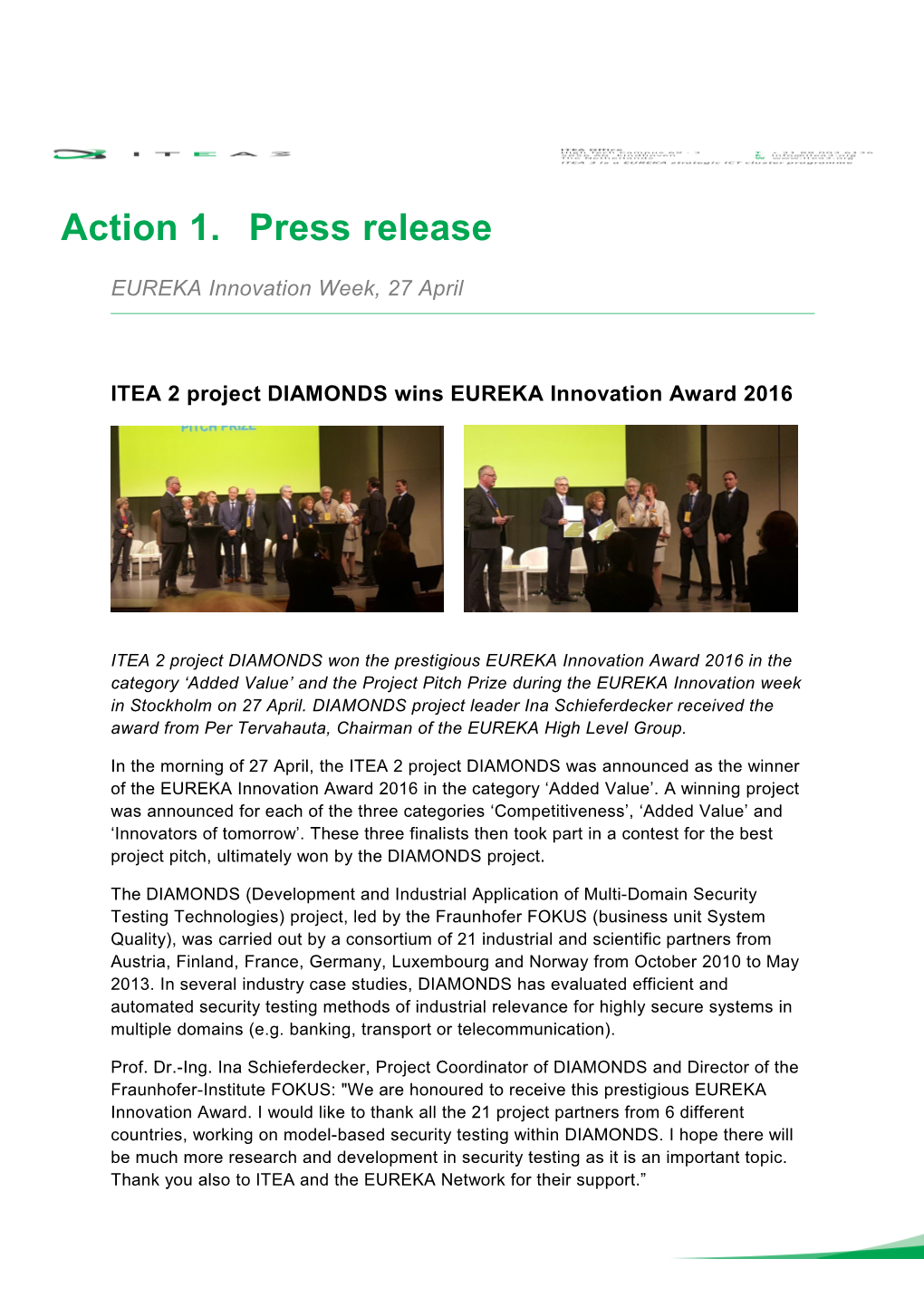 ITEA 2 Project DIAMONDS Wins EUREKA Innovation Award 2016