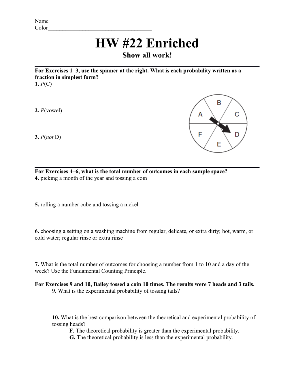 For Exercises 4 6, What Is the Total Number of Outcomes in Eachsample Space?