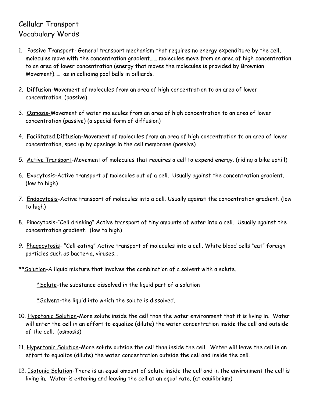 Cellular Transport Vocabulary Words