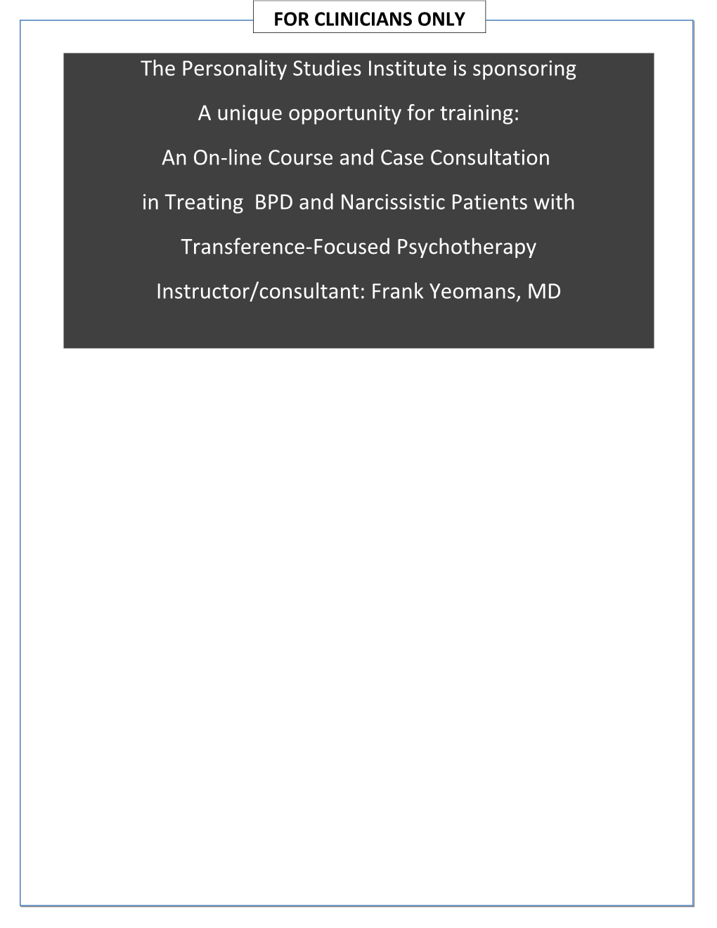 Mentalization Based Treatment (MBT) for Borderline Personality Disorder: Introduction To