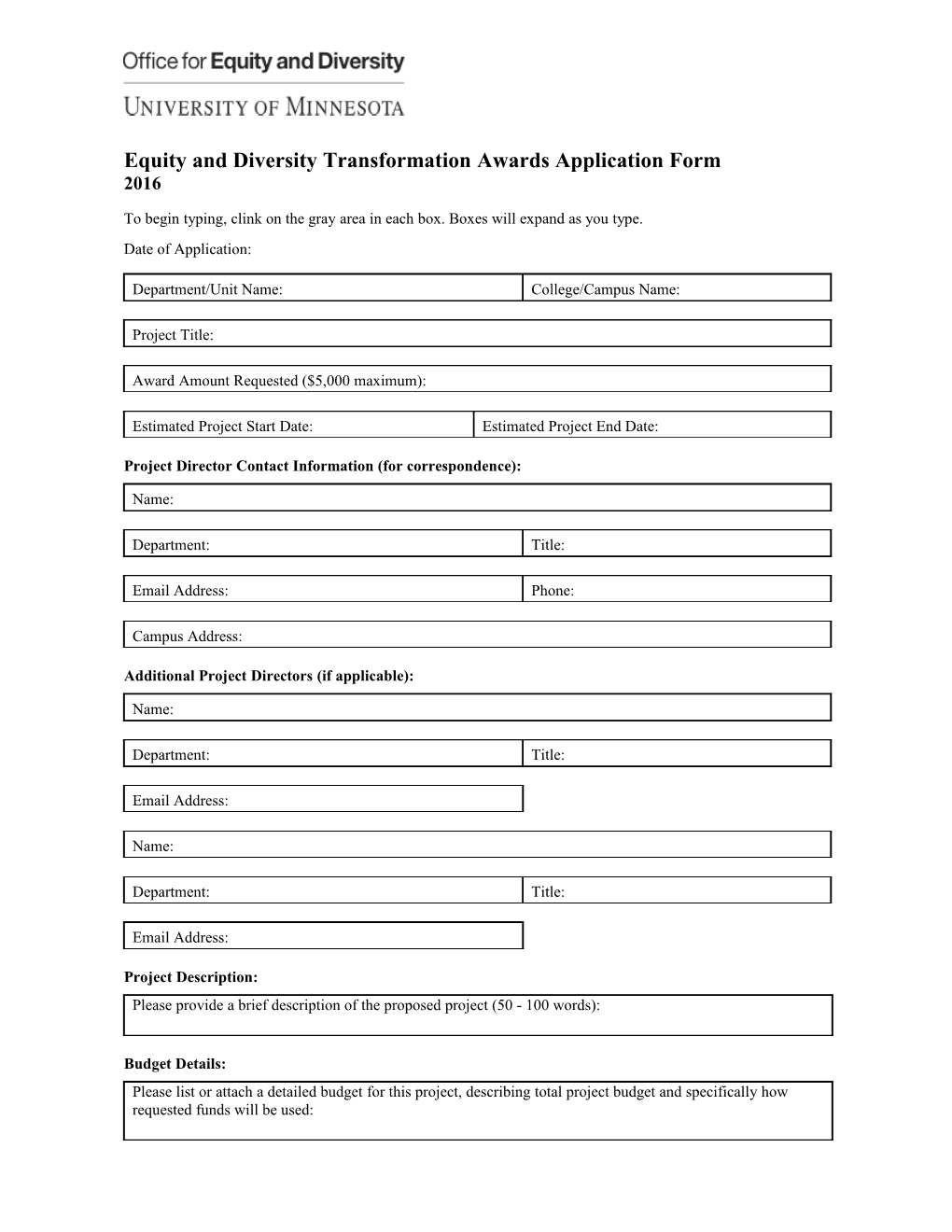 Equity and Diversity Transformation Awardsapplication Form