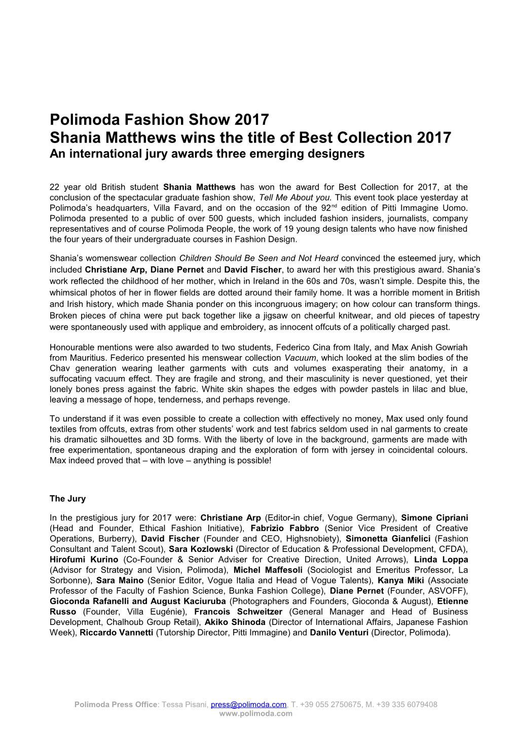 Polimoda Fashion Show 2017 Shania Matthews Wins the Title of Best Collection 2017 An