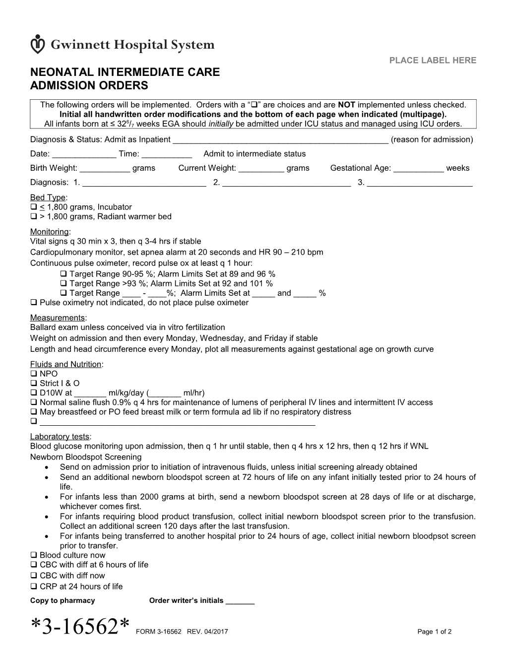 Neonatal Intermediate Care Admission Orders