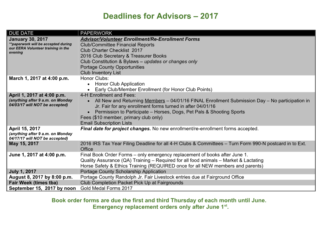 Deadlines for Advisors 2017