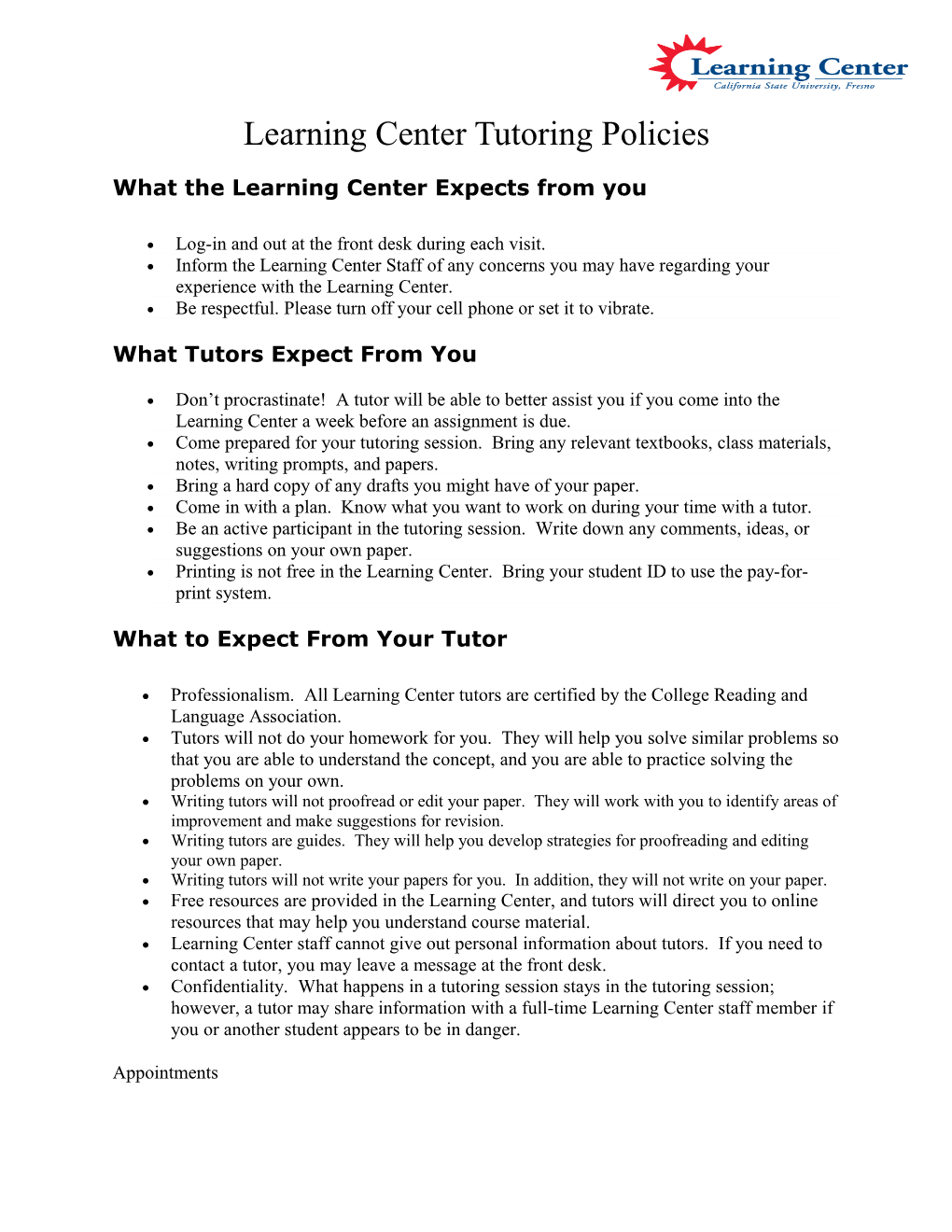 Learning Center Tutoring Policies