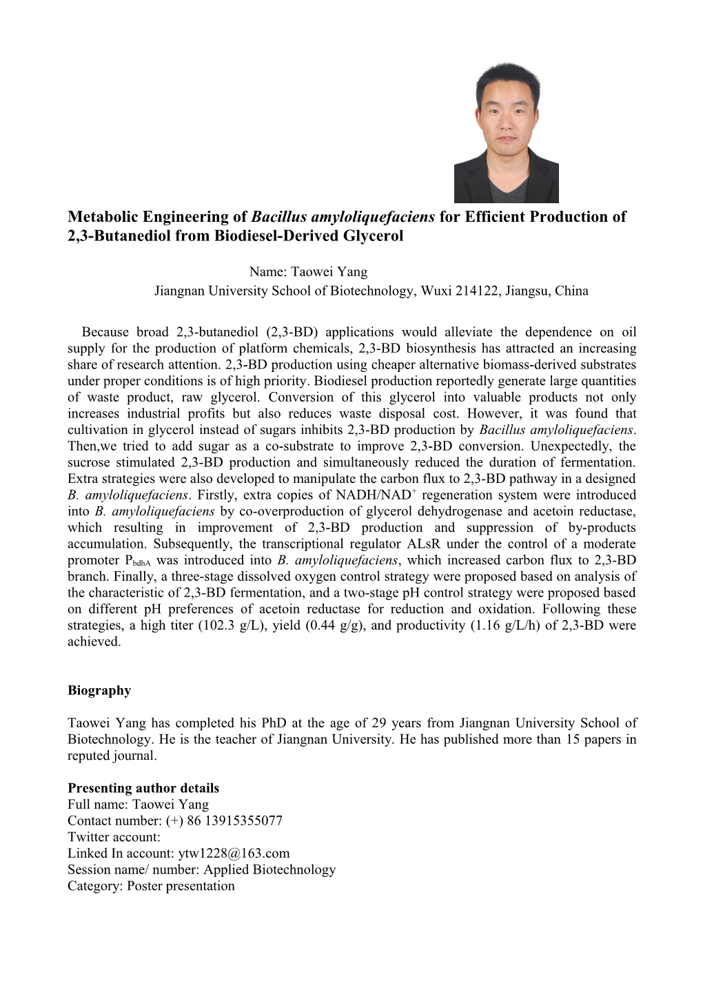 Metabolic Engineering of Bacillus Amyloliquefaciens for Efficient Production of 2,3-Butanediol