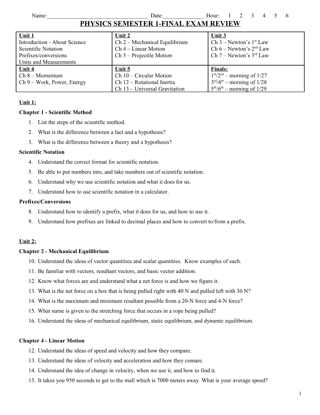 Physics Semester 1-Final Exam Review