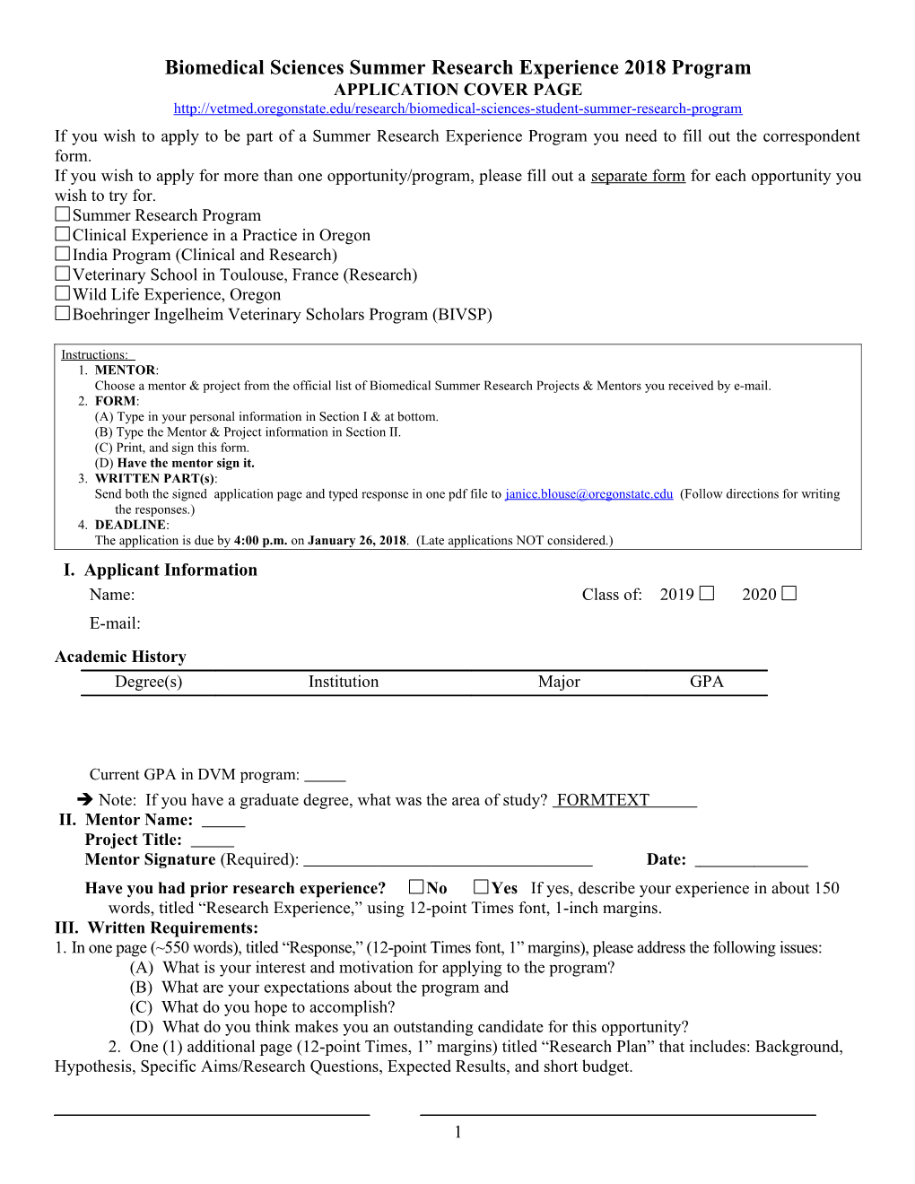 Biomedical Sciences Summer Research Experience 2018 Program