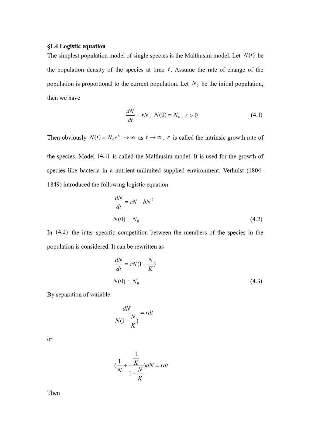 1.4 Logistic Equation