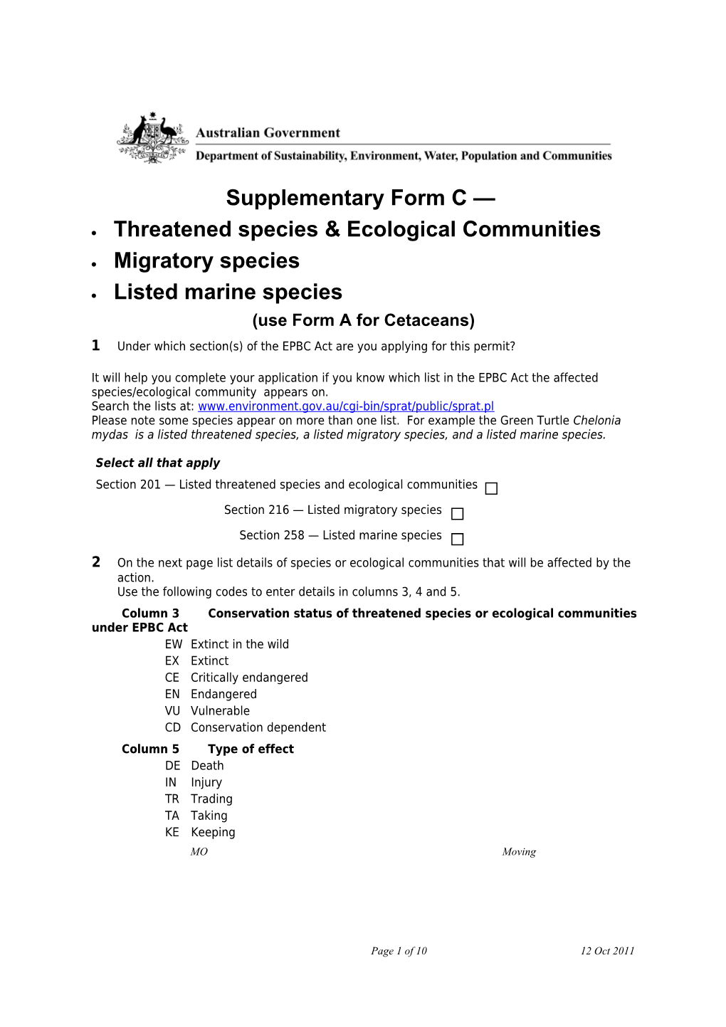 Supplementary Form C - Application for a Permit to Take up to 2000 Crocodylus Porosus (Saltwater