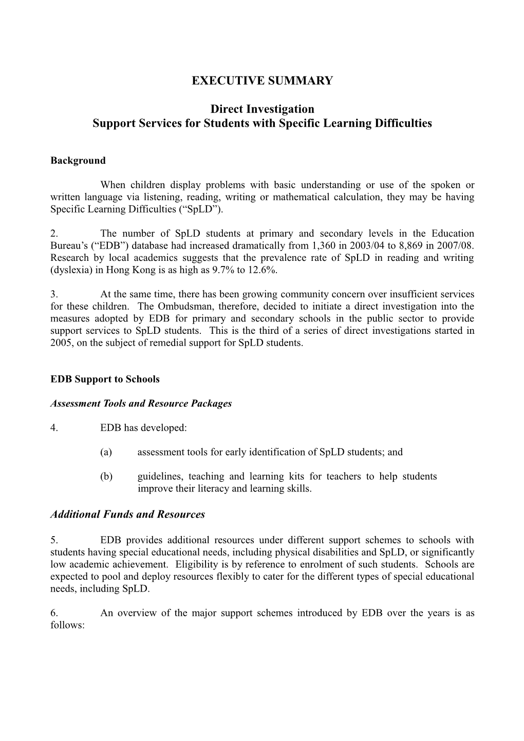 Support Services for Students with Specific Learning Difficulties