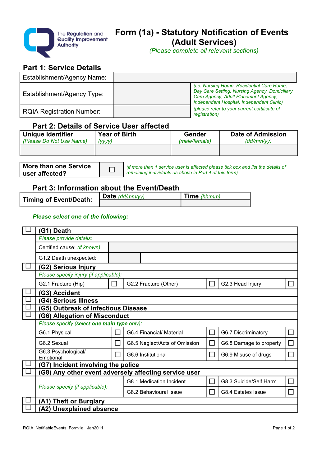 Part 2: Details of Service User Affected