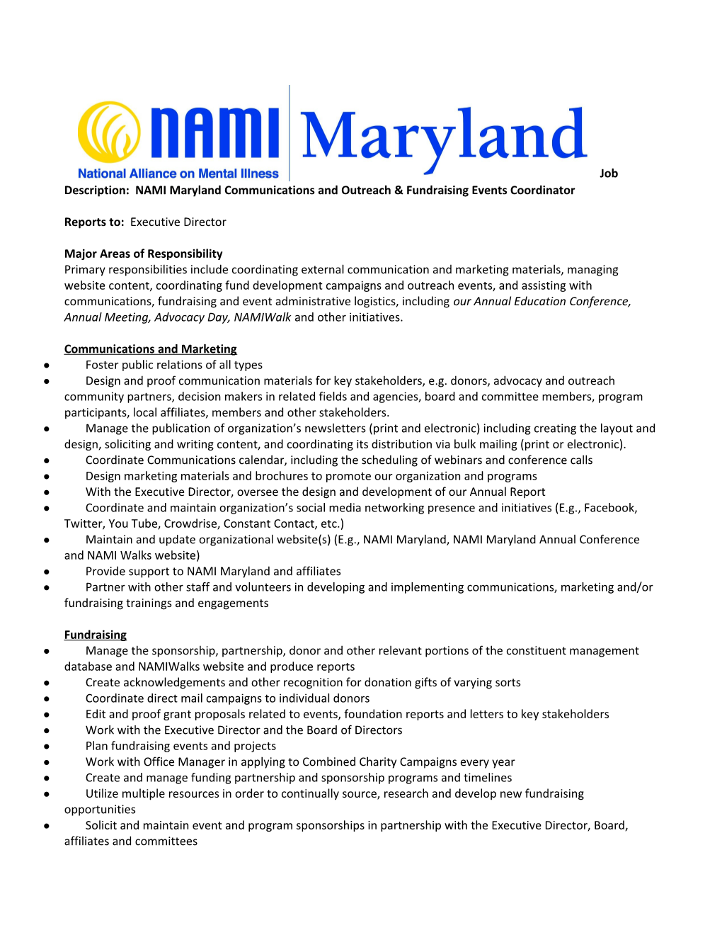 Job Description: NAMI Maryland Communications and Outreach & Fundraising Events Coordinator