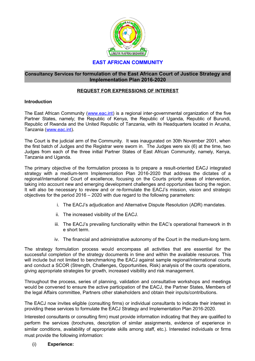 Consultancy Services for Formulation of the East African Court of Justice Strategy And