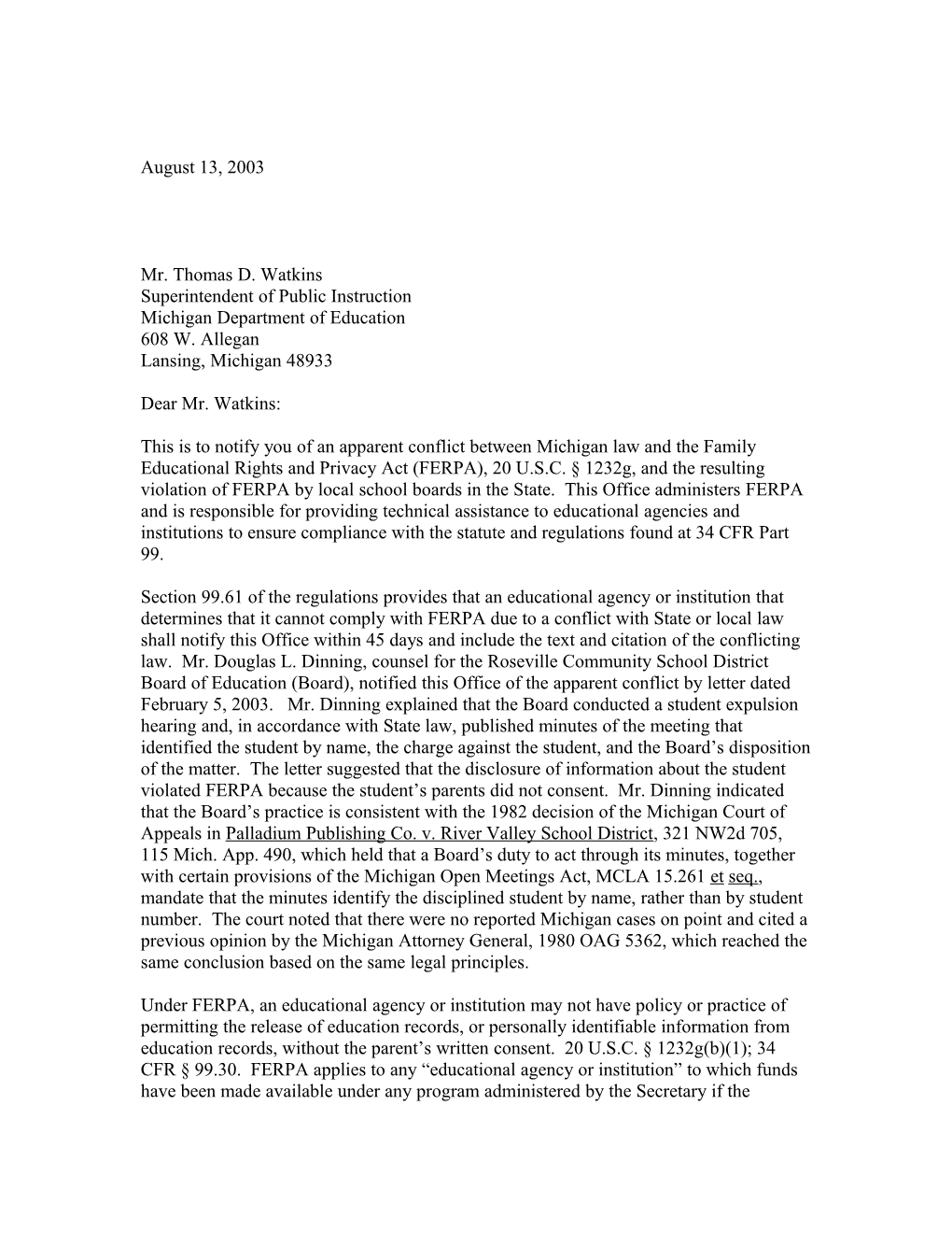 Letter of Technical Assistance to Michigan DOE Regarding Open Meetings (Msword)