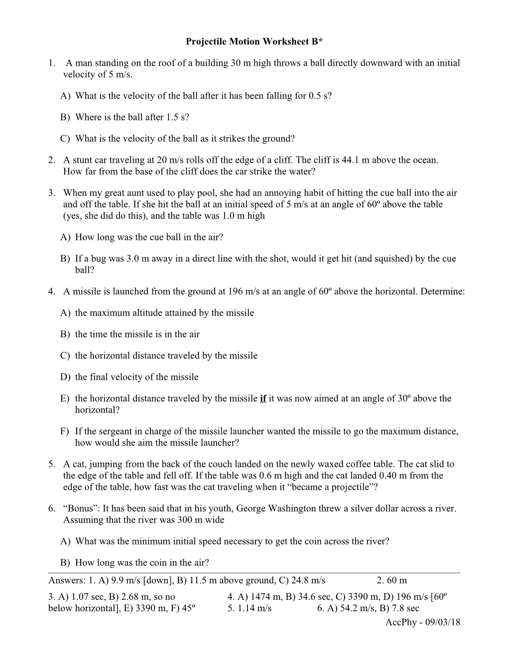 Projectile Motion Worksheet A