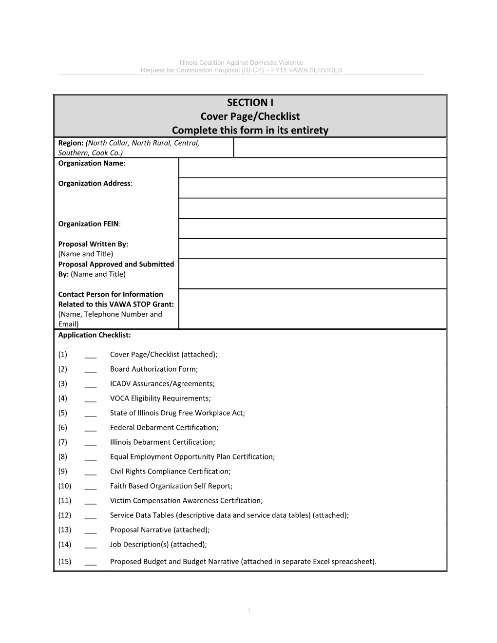 SECTION I: Cover Page/Checklist