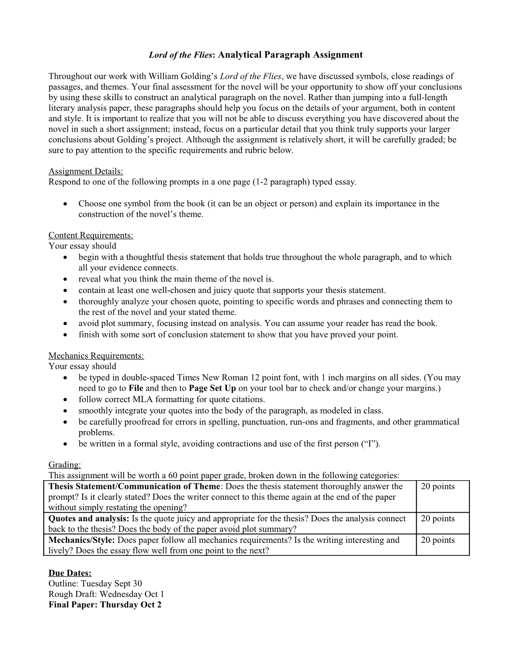 Lord of the Flies: Analytical Paragraphs