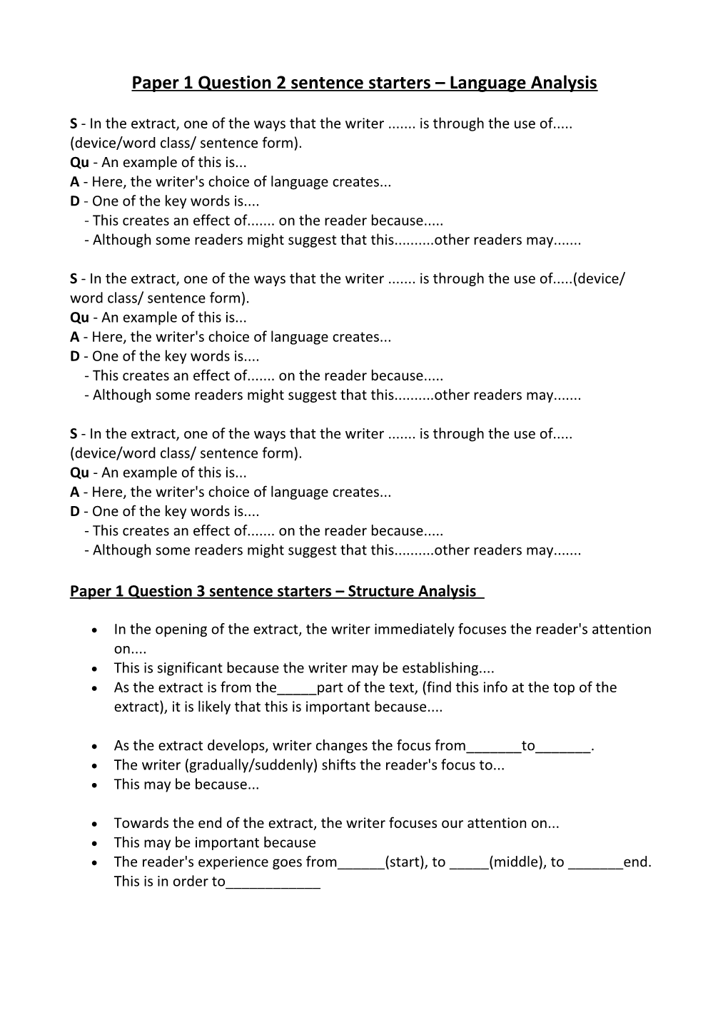 Paper 1 Question 2 Sentence Starters Language Analysis