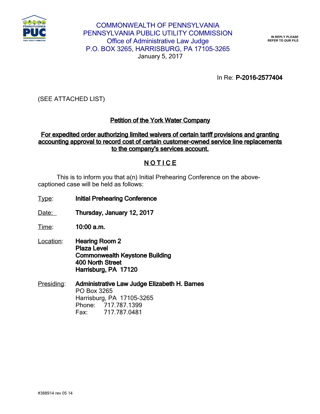 Harrisburg Prehearing Conference Notice s1