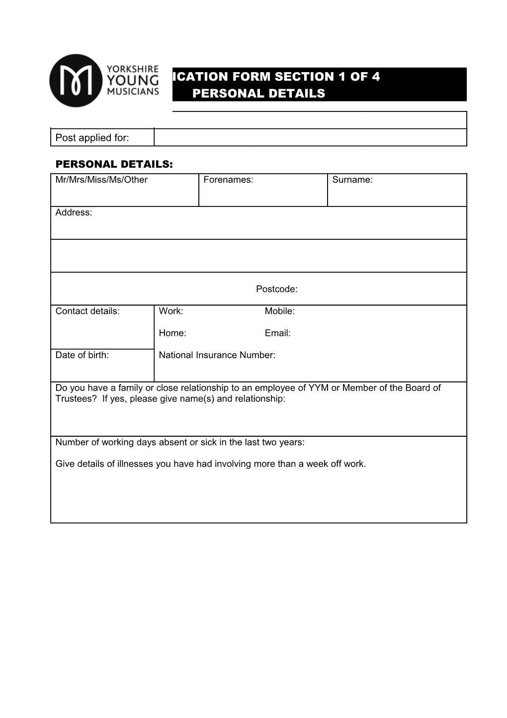 Application Form Section 1 of 4