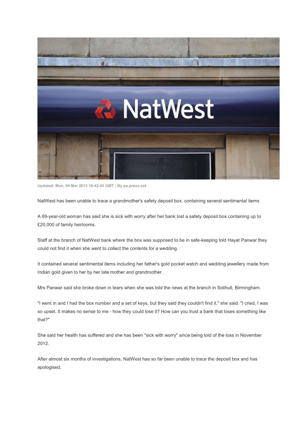 Natwest Has Been Unable to Trace a Grandmother's Safety Deposit Box, Containing Several