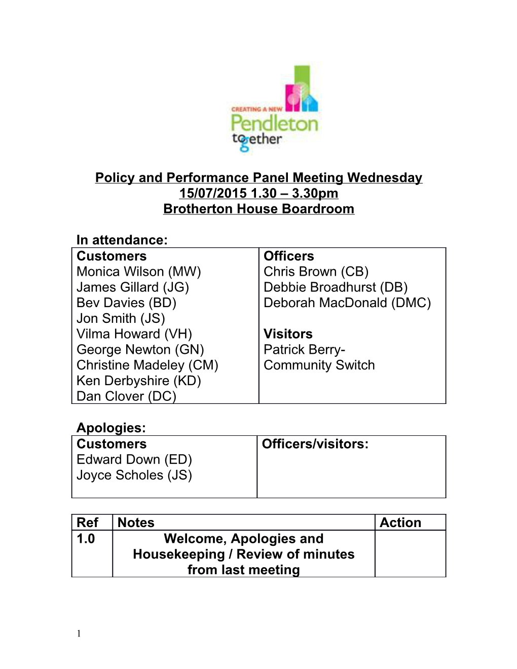 Policy and Performance Panel Meeting Wednesday 15/07/2015 1.30 3.30Pm