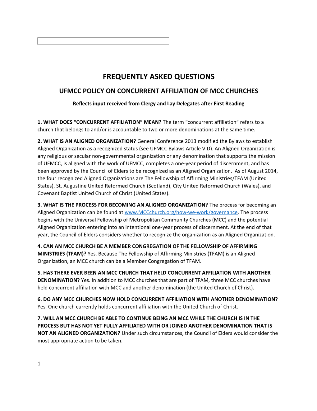 Ufmcc Policy on Concurrent Affiliation of Mcc Churches