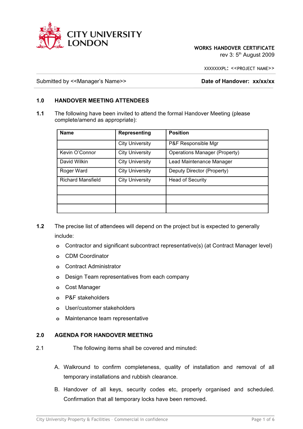 Works Handover Certificate